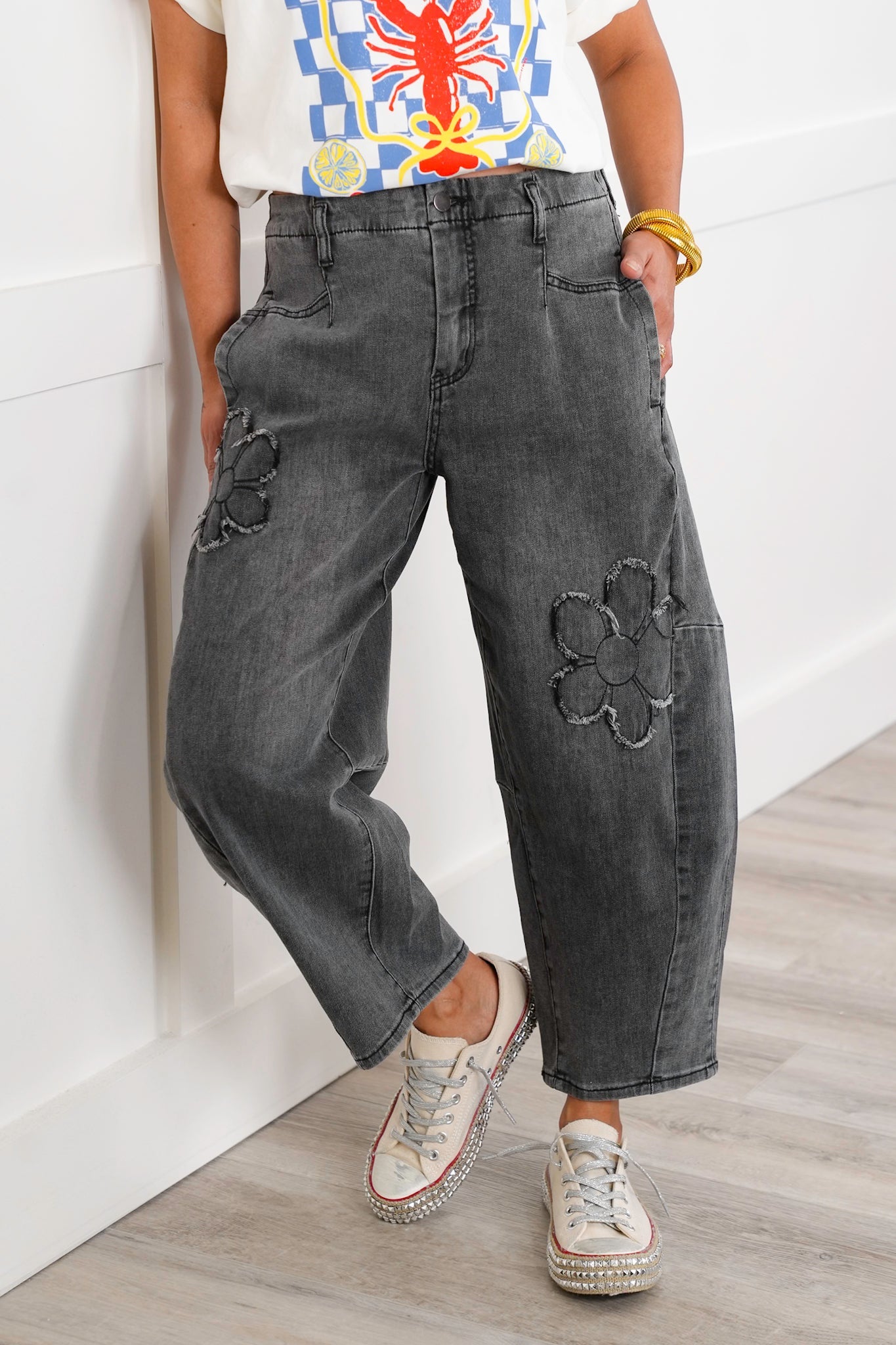 Washed Denim Barrell Jeans with Flower Patch Detail