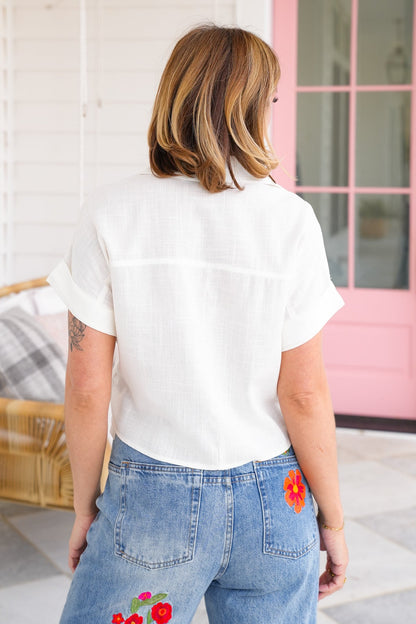 Linen Short Sleeve V Neck Top