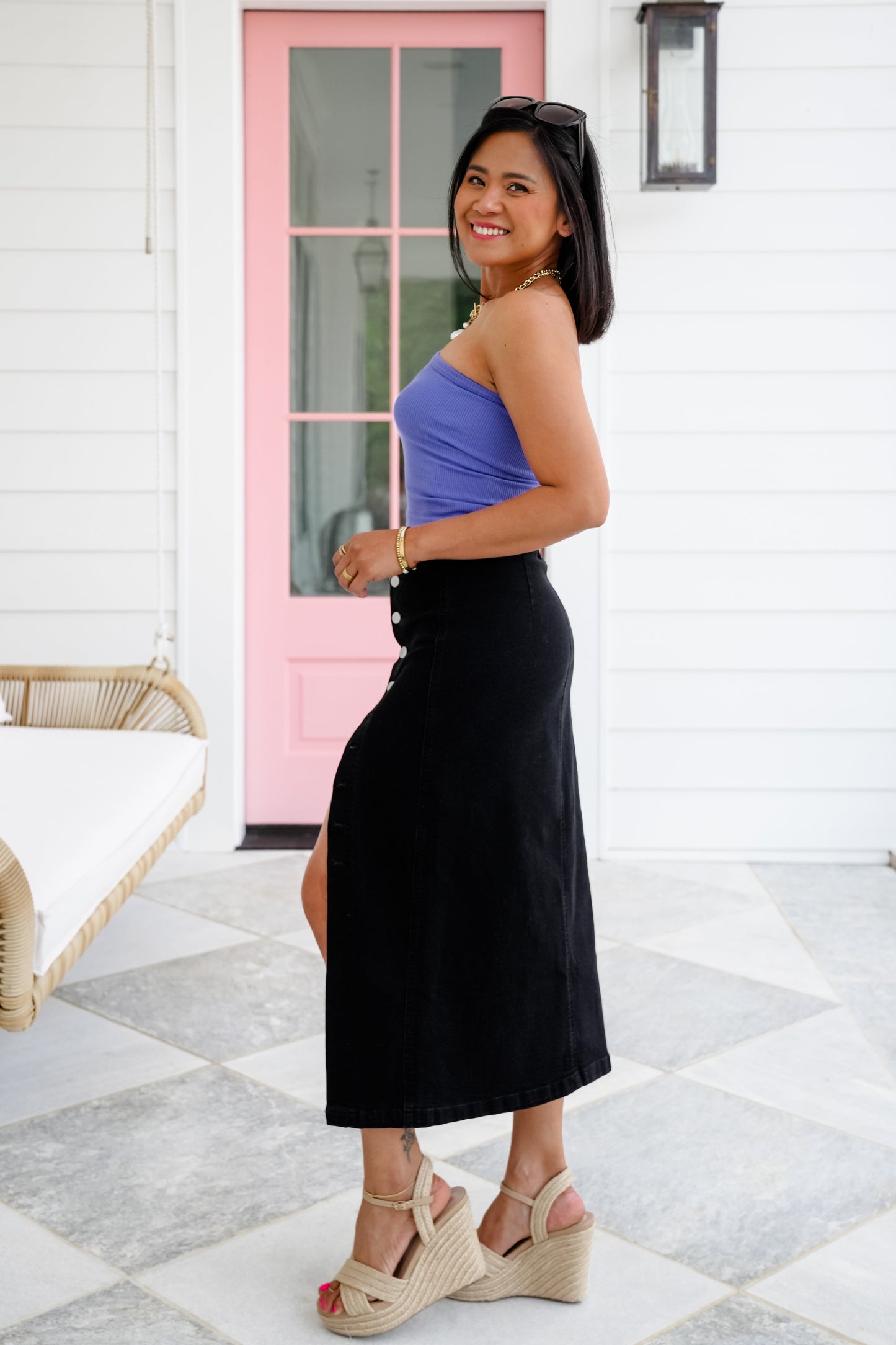 Black Denim High Waist Button Fly Side Slit Midi Skirt
