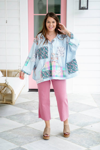 Patchwork 3/4 Sleeve Button Up Hooded Top