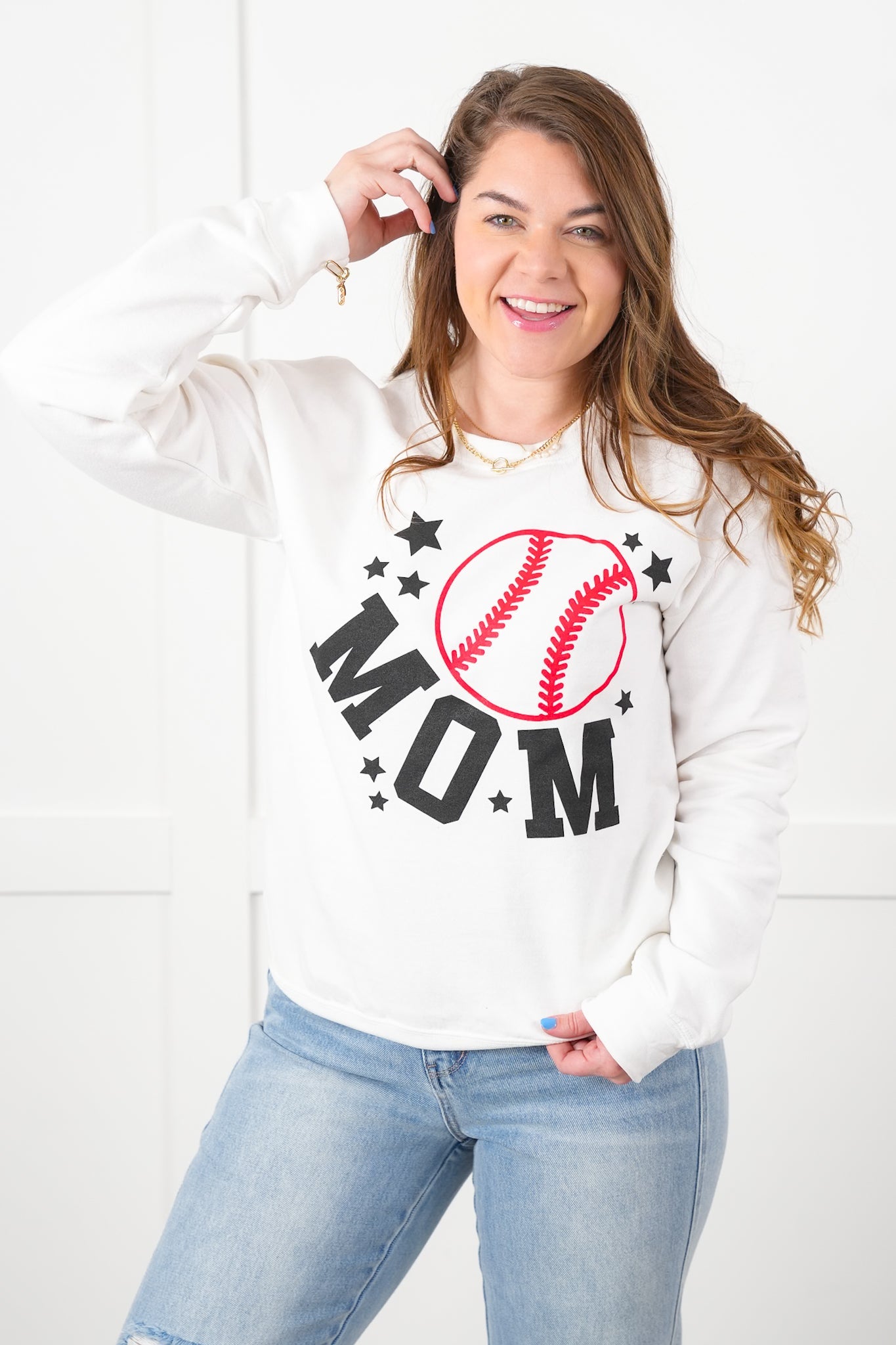 Plus/Reg Long Sleeve Baseball "Mom" Graphic Sweatshirt