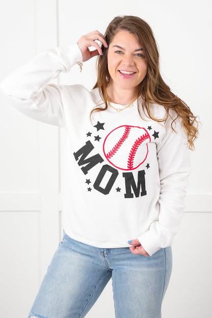 Plus/Reg Long Sleeve Baseball "Mom" Graphic Sweatshirt