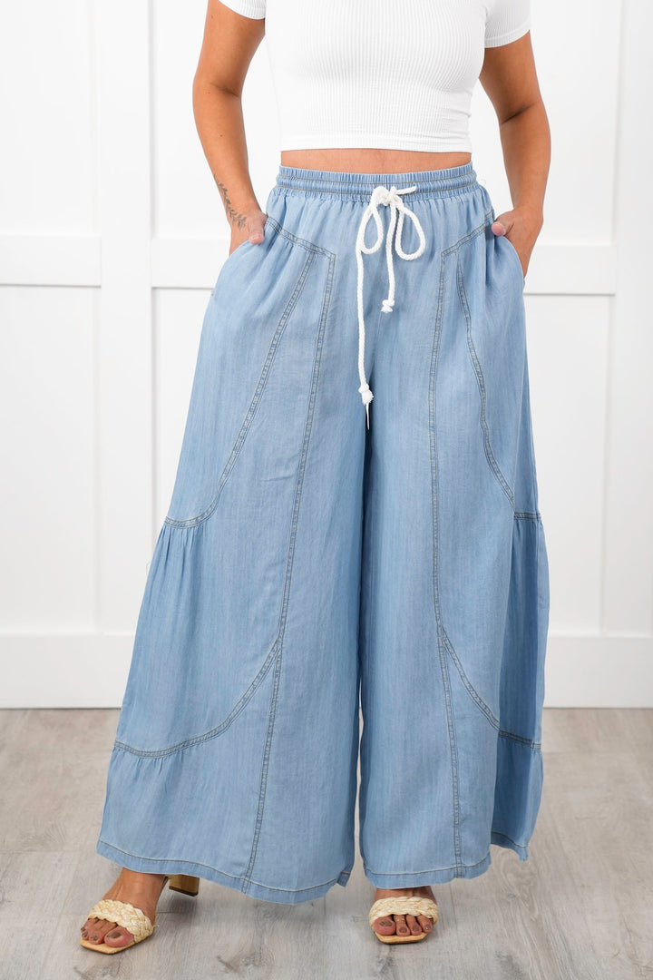 Plus/Reg Chambray Elastic Waist Wide Leg Palazzo Pants