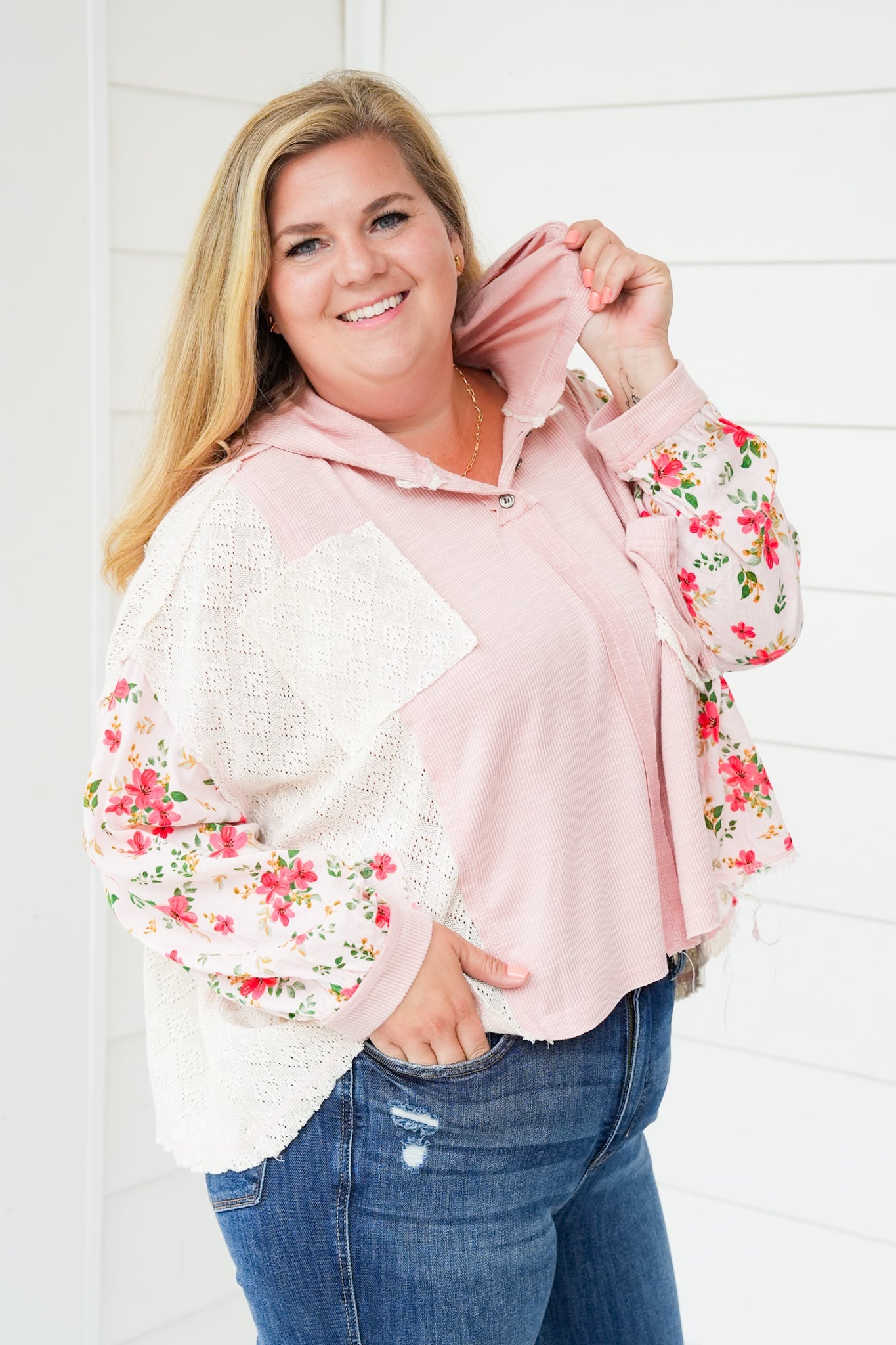 POL Long Sleeve Pullover Hoodie Top with Floral Detail