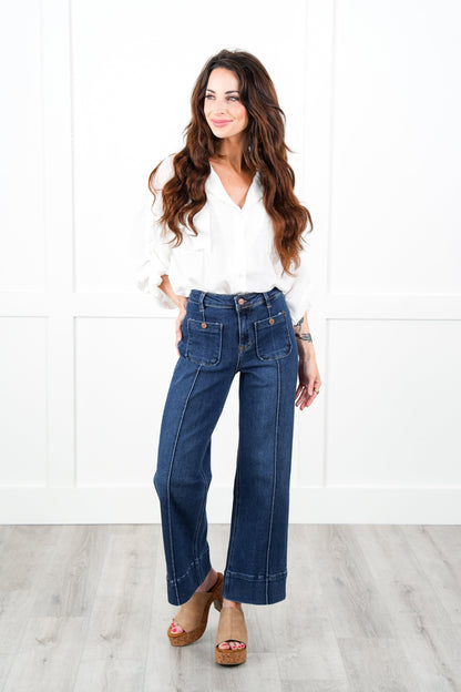 Risen Working Overtime High Rise Dark Wash Patch Pocket with Front Pintuck Wide Leg Jeans