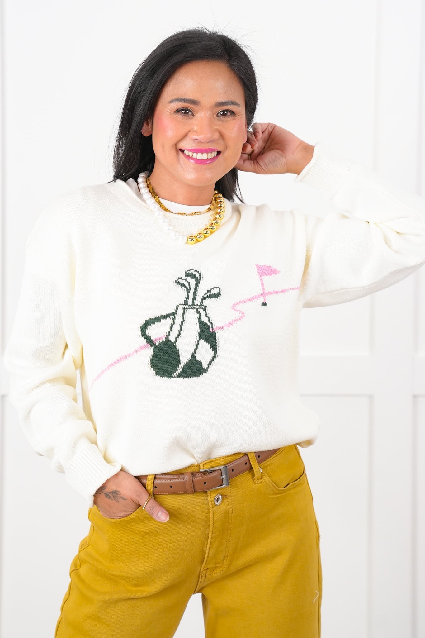 Golf Bag Print Long Sleeve Round Neck Pullover Sweater