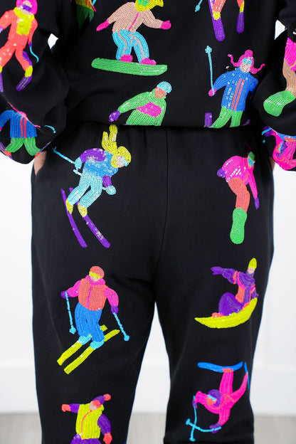 Plus/Reg Queen Of Sparkles All Over Neon Sequin Skiers Elastic Waist Joggers