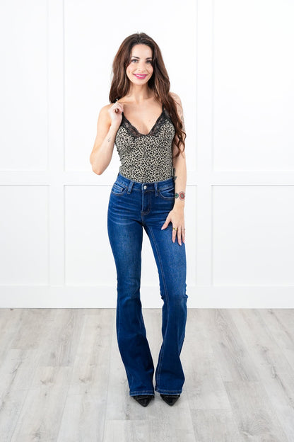 POL Sleeveless V Neck Lace Trim Leopard Print Body Suit