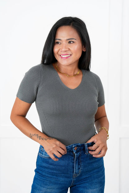 Ribbed Knit Short Sleeve Thong Bodysuit (Multiple Colors)