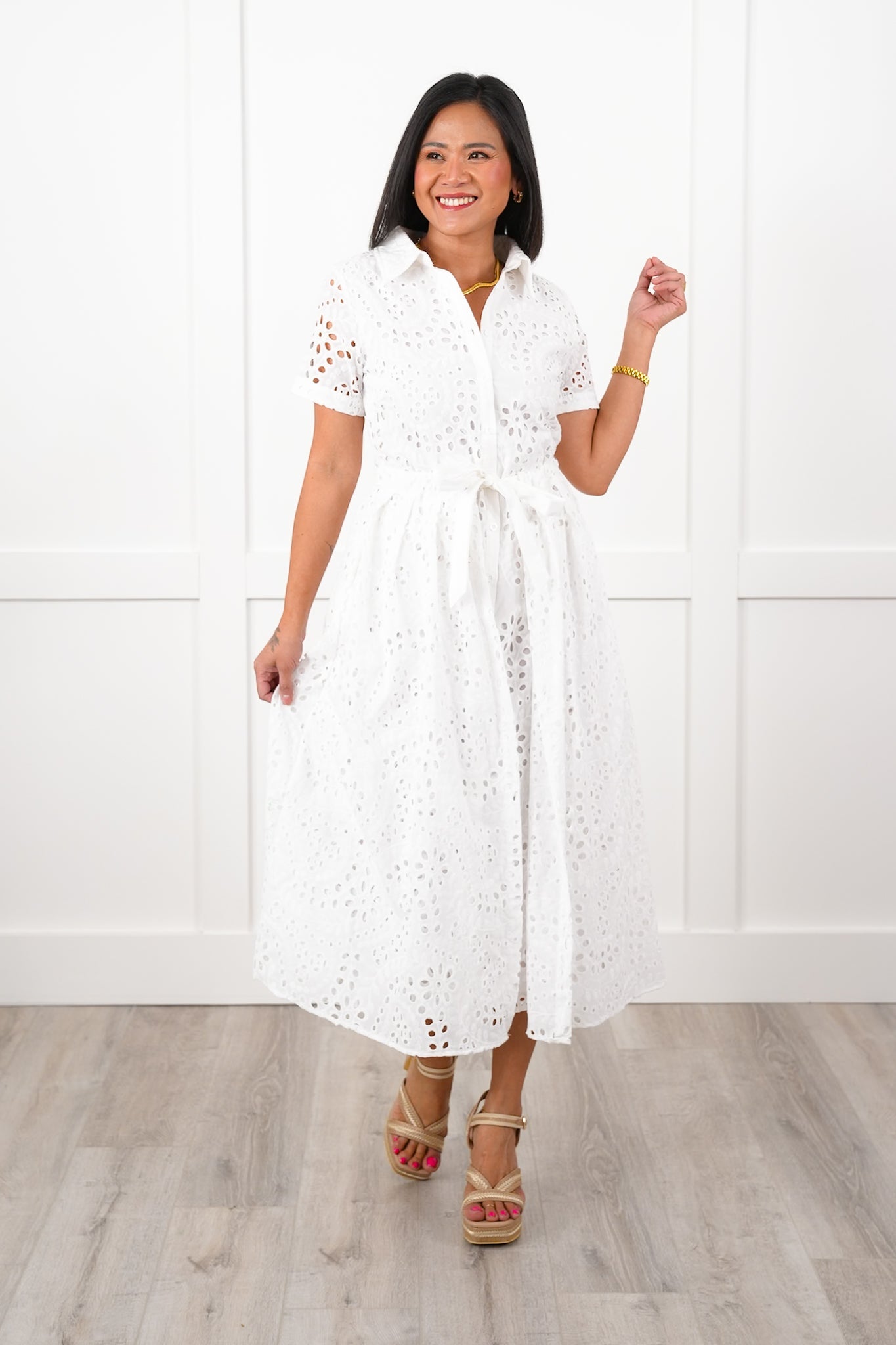 White Eyelet Short Sleeve Button Down Midi Dress with Belt Detail