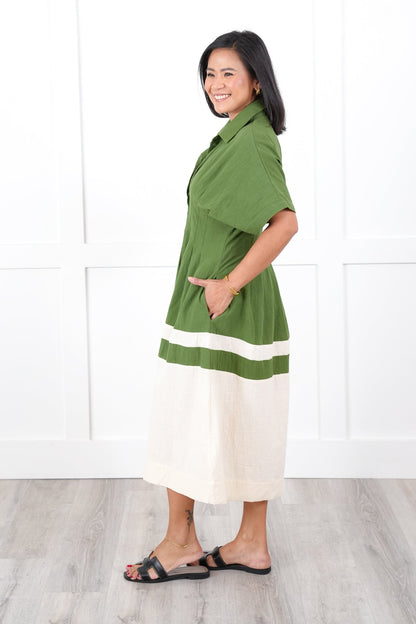 Color Block Short Sleeve Button Down Midi Dress