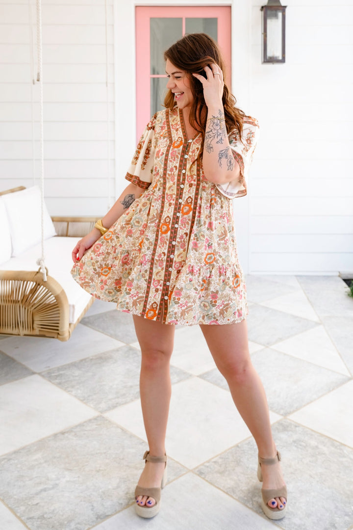 Woven Floral Print Short Sleeve Button Down Mini Dress