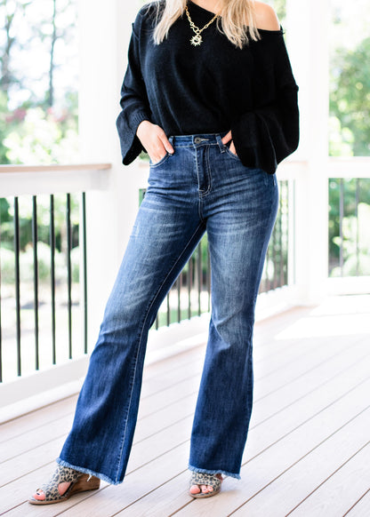 Risen Hot n Cold Vintage Dark Wash Frayed Hem Flare Jeans