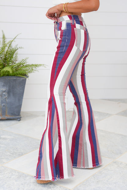 Striped High Waisted Fit And Flare Denim Pants