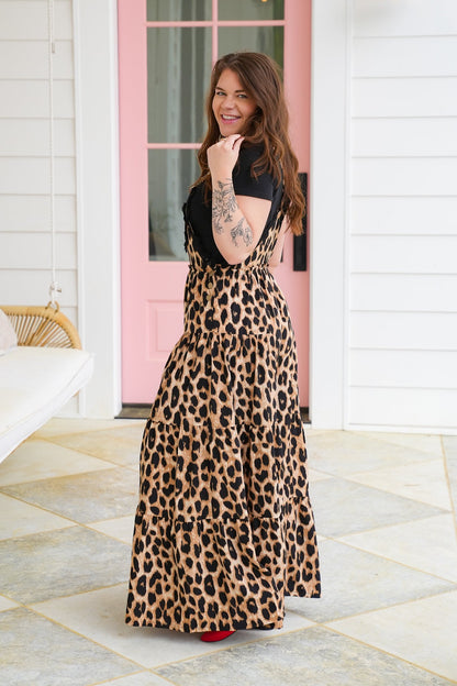 Cheetah Print Sleeveless Wide Leg Bib Overalls with Lace Detail