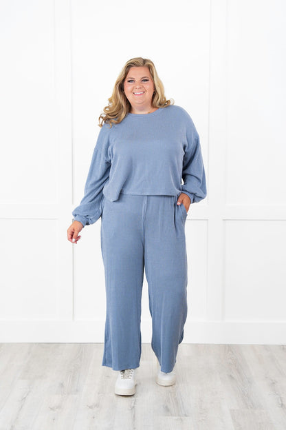 Ribbed Long Sleeve Round Top With Elastic Waistband Lounge Pant Set (Multiple Colors)