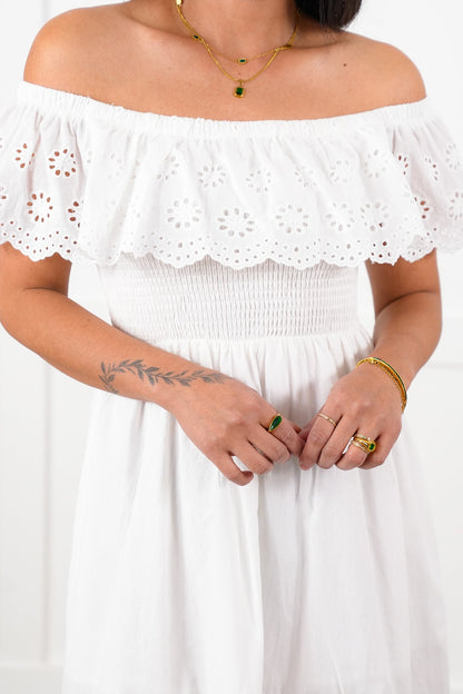 Sleeveless Eyelet Ruffle Smocked Bodice Hi Low Dress