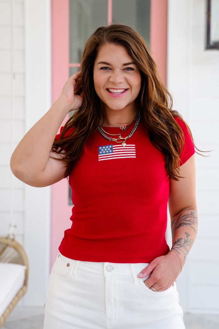 Red Short Sleeve Top with Embroidered American Flag Patch
