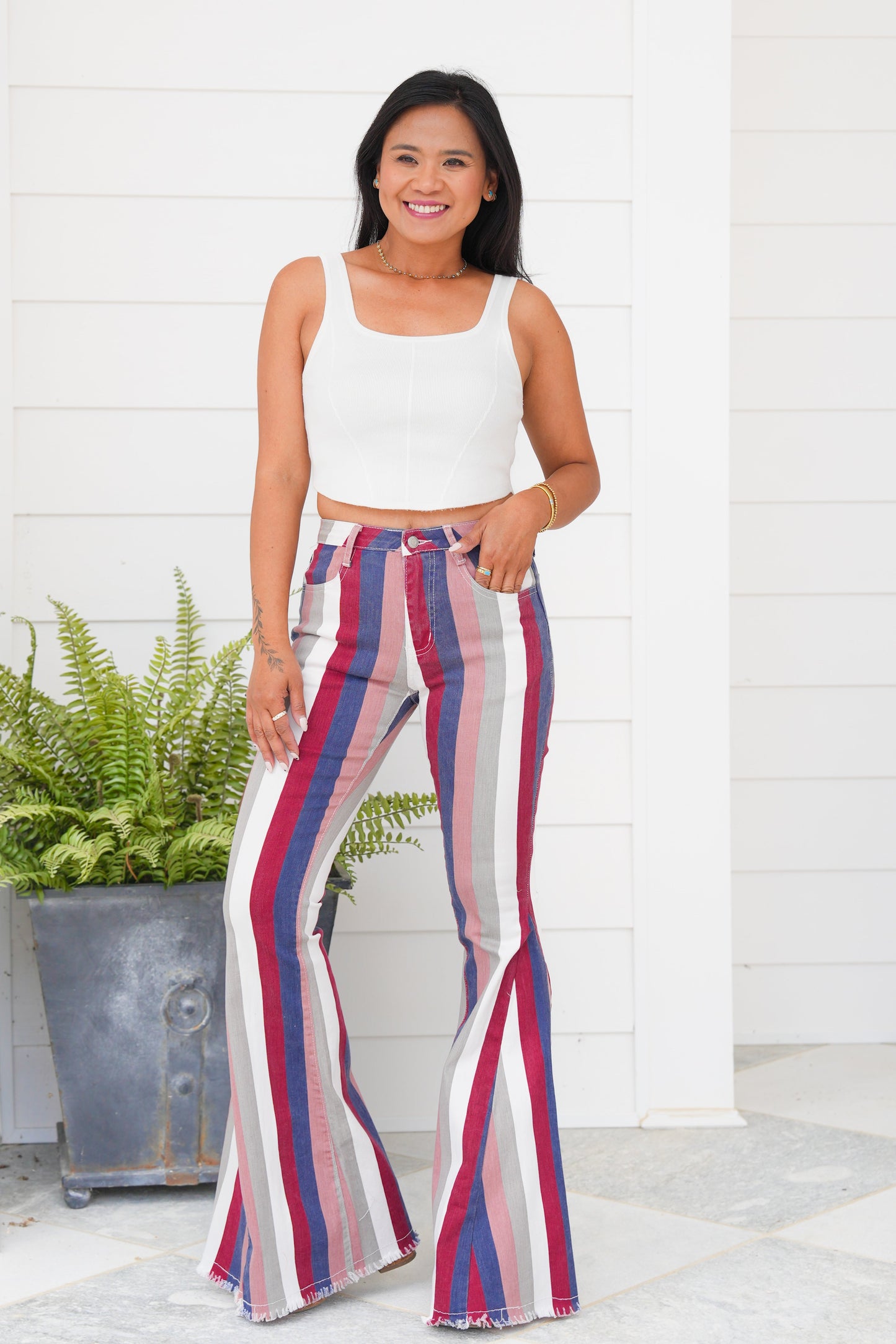 Striped High Waisted Fit And Flare Denim Pants