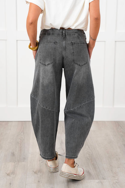 Washed Denim Barrell Jeans with Flower Patch Detail