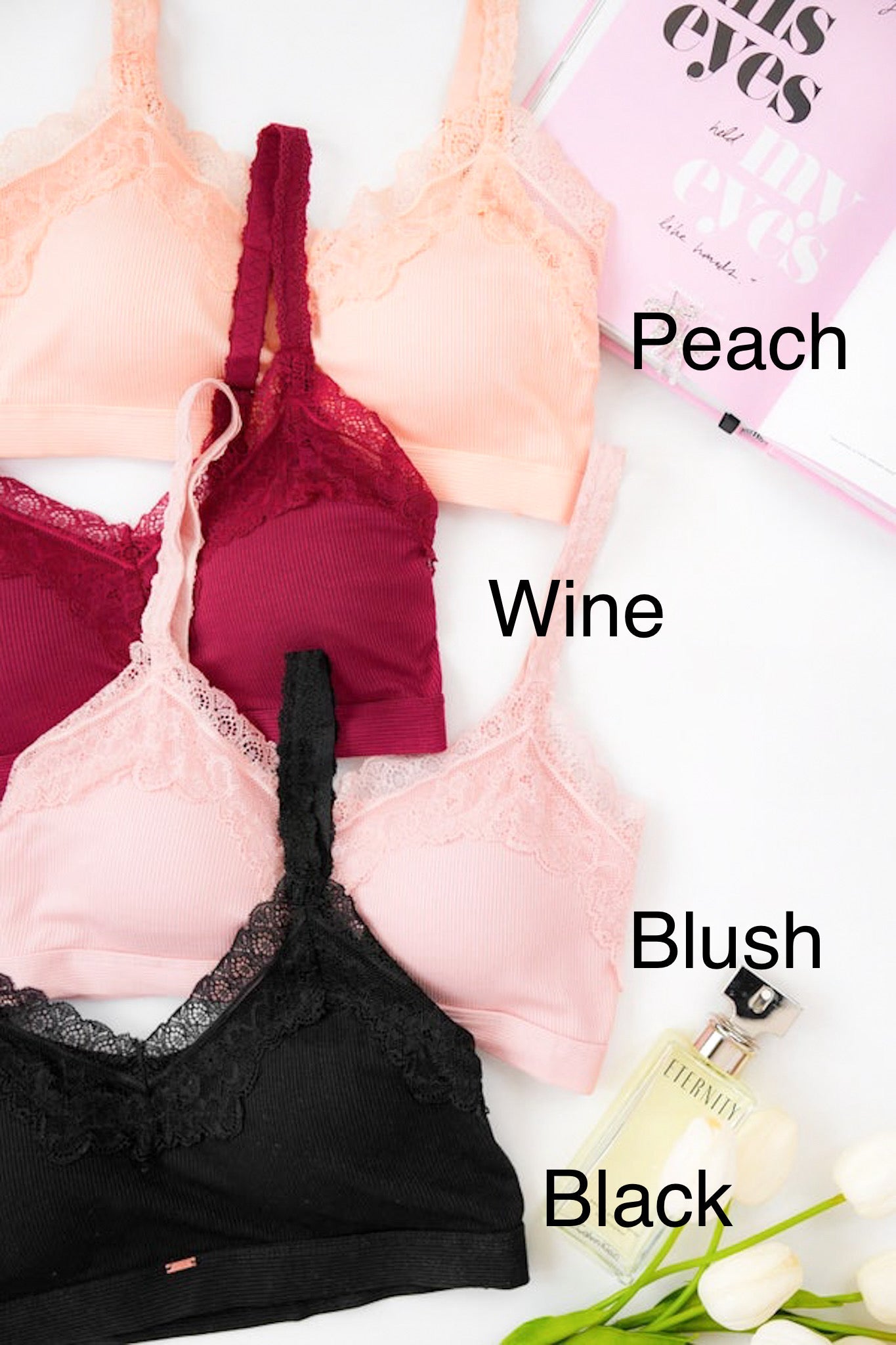 Plus/Reg Solid Ribbed Knit Bralette with Lace Detail