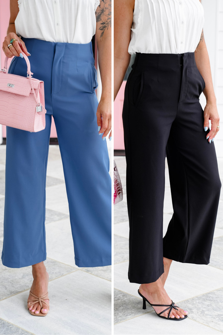 Solid High Waist Wide Leg Pants with Side Pockets