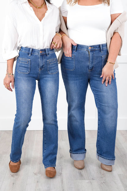 Risen High Rise Medium Wash Elastic Waistband Slim Straight Leg Jeans with Front Patch Pockets