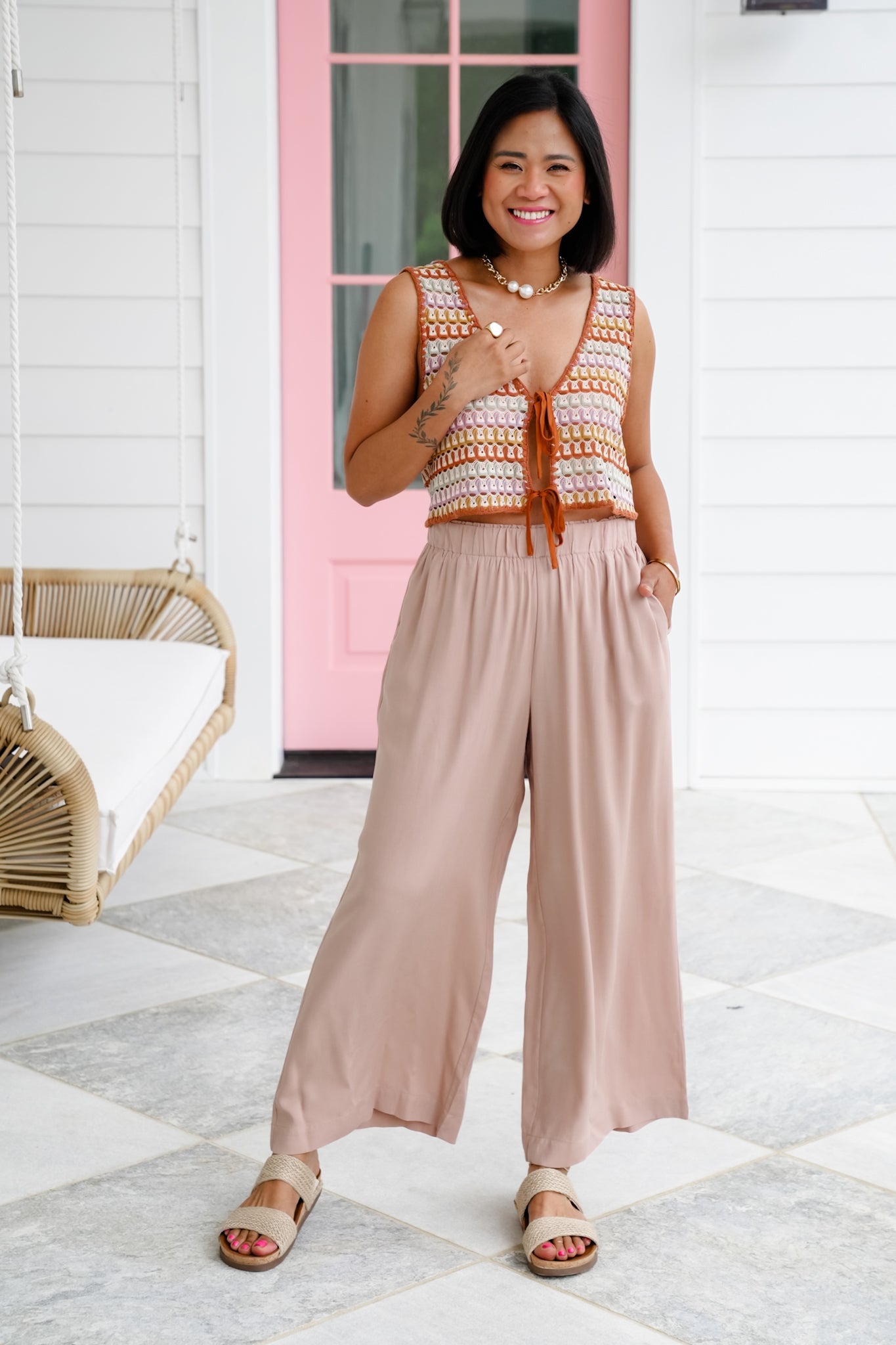 Solid Woven Elastic High Waist Wide Leg Pants