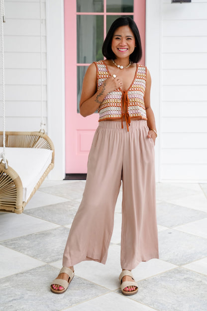 Solid Woven Elastic High Waist Wide Leg Pants
