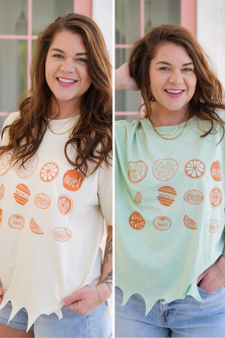 Short Sleeve Citrus Print Graphic Tee with Laser Cut Detail
