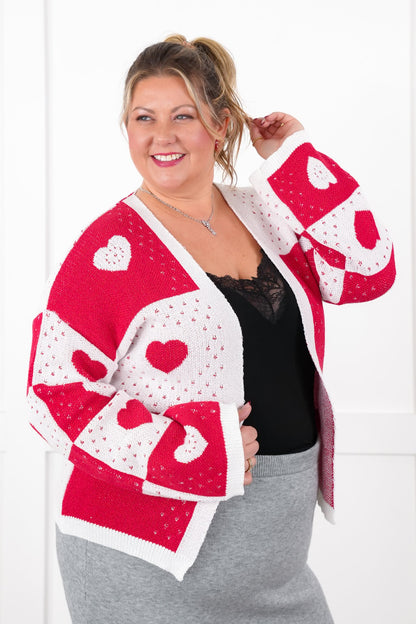 Restock! Heart Print Color Block Long Sleeve Open Cardigan Sweater