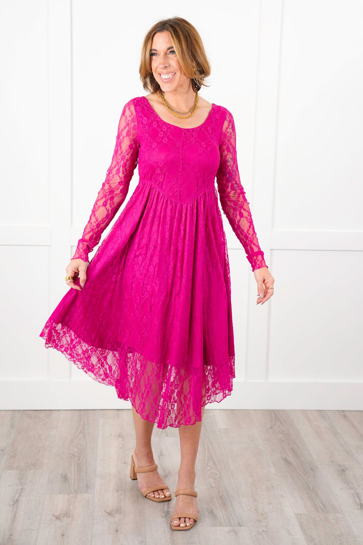 Berry Lace Long Sleeve Layered Maxi Dress