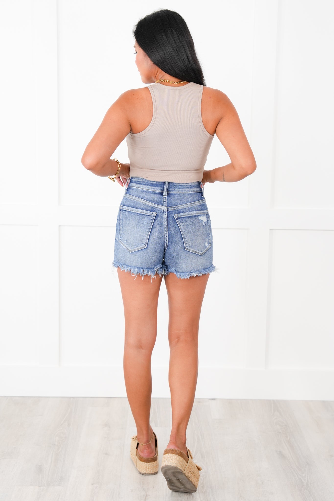 Vervet High Rise Button Up Frayed Hem Shorts