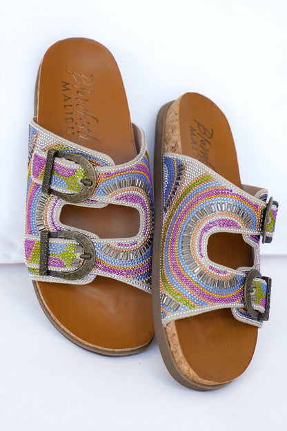 Restock! Blowfish Multicolor Embellished Cork Slide Sandals with Adjustable Buckle Detail