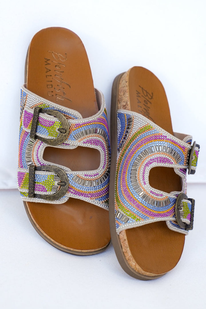 Restock! Blowfish Multicolor Embellished Cork Slide Sandals with Adjustable Buckle Detail