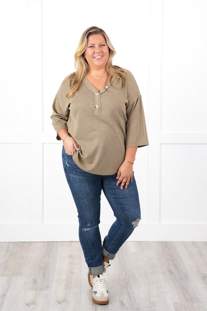 Door Buster! Plus/Reg Thermal 3/4 Sleeve V-Neck Top with Button Detail