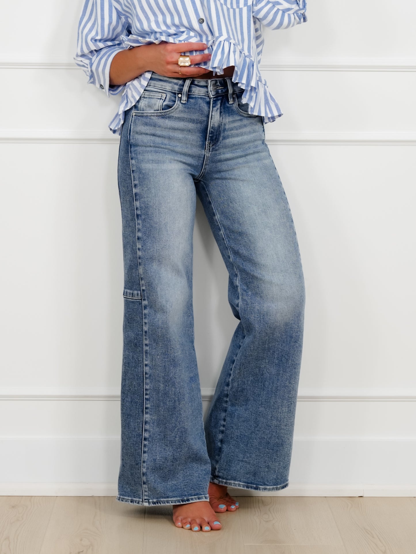 Risen High Rise Medium Wash Wide Leg Jeans with Contrast Side Panel