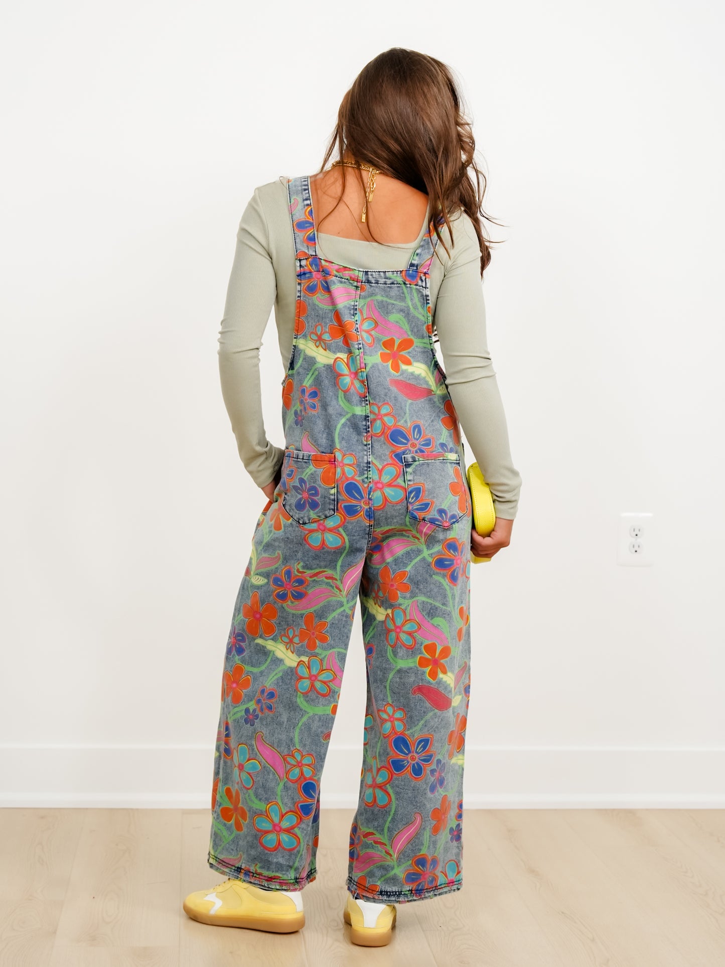 Retro Floral Print Wide Leg Bib Overalls