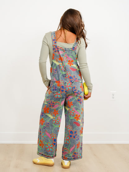 Retro Floral Print Wide Leg Bib Overalls