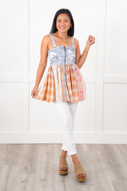 Bleached Sleeveless Zip Up Baby Doll Top with Plaid and Lace Detail