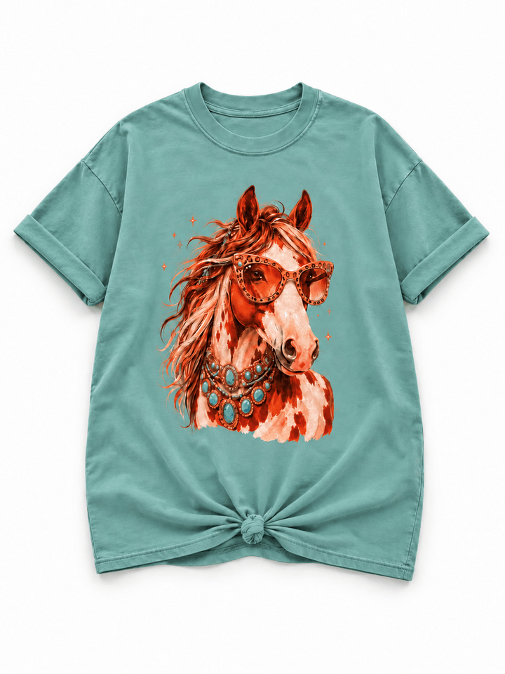 Plus/Reg Short Sleeve Glam Horse Graphic Tee - Freckled Poppy