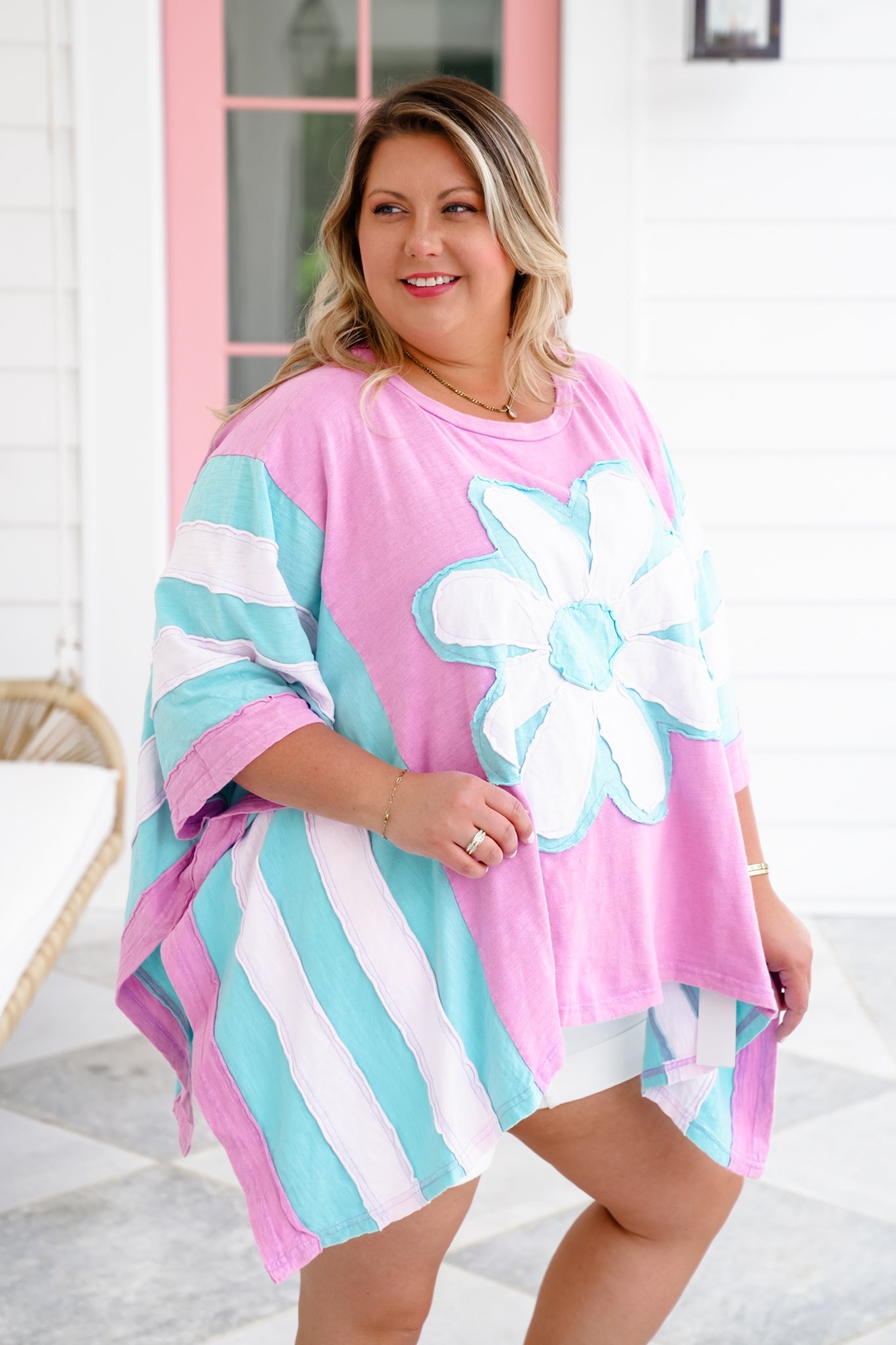 Color Block Flower Patch Long Sleeve Poncho Top