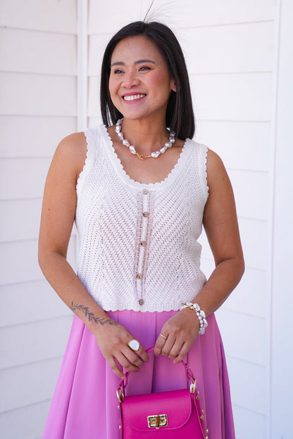 Chevon Pattern Sleeveless Sweater Tank Top with Button Detail
