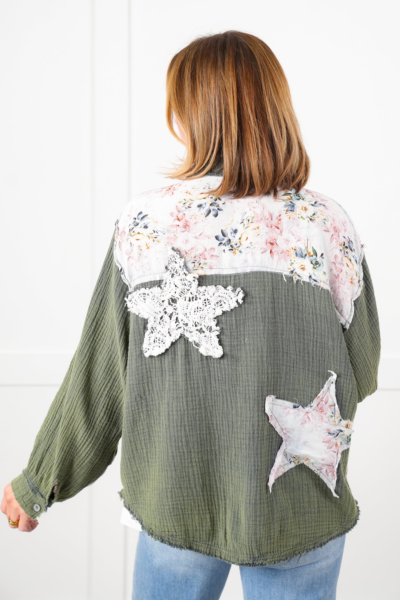 Restock! POL Gauze Long Sleeve Button Down Shacket with Floral and Lace Detail