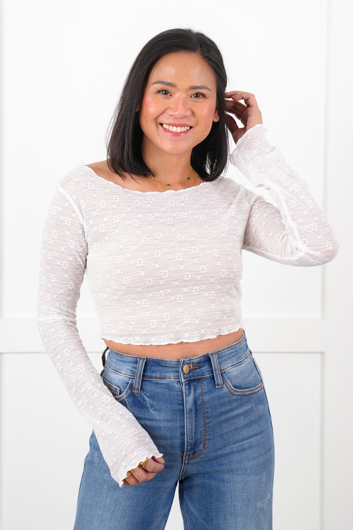 Lace Long Sleeve Boat Neck Cropped Top with Lettuce Edge Detail