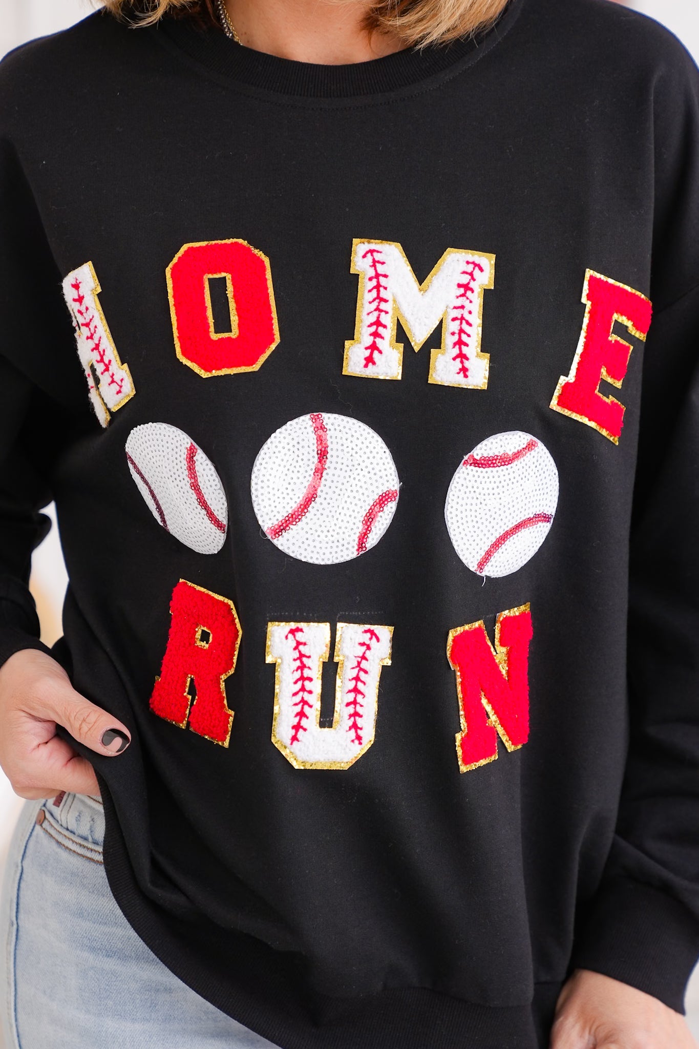 Long Sleeve " Home Run" Baseball Patches Pullover Sweatshirt with Sequin Detail
