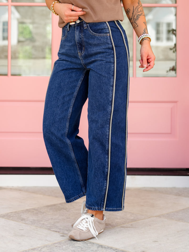 Saige High Rise Dark Wash Tummy Control Barrel Jeans With Side Panel