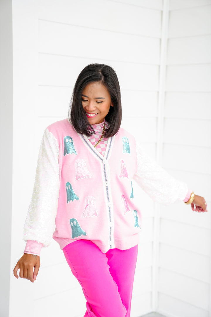 Plus/Reg Glitter Ghosts Cardigan with Sequins