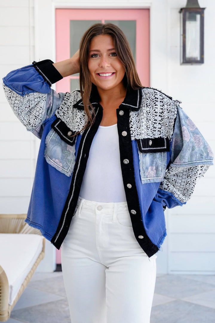 POL Long Sleeve Button Down Shacket with Crochet Lace Detail