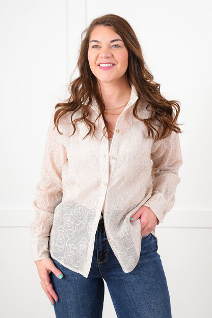 Plus/Reg Shimmering Sheer Floral Long Sleeve Button Up Top